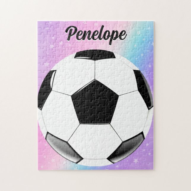 Puzzle Girl Soccer Ball Pastel Stars Nom personnalisé (Vertical)