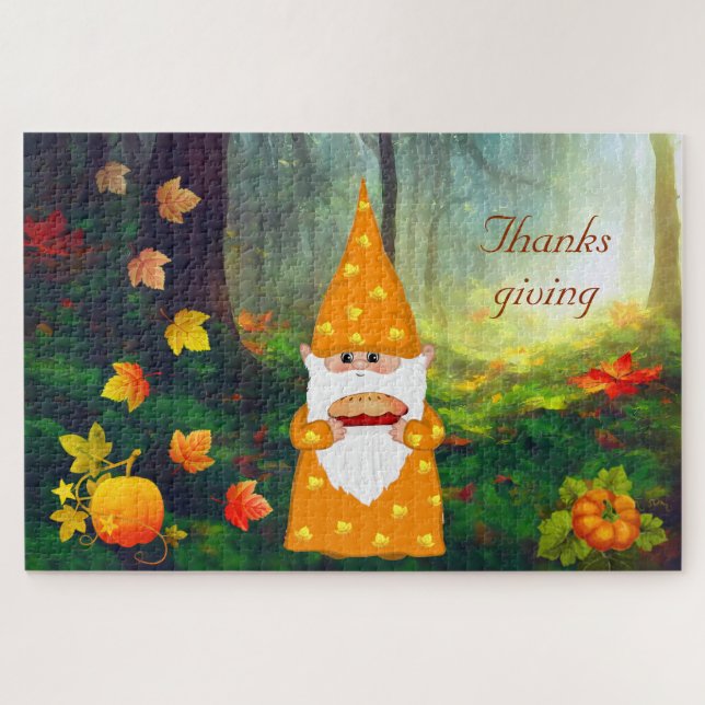 Puzzle Gnome mignonne, Citrouilles et feuilles d'automne  (Horizontal)