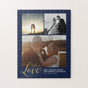 Puzzle Gold & Blue Love Couple Anniversary Photo Collage