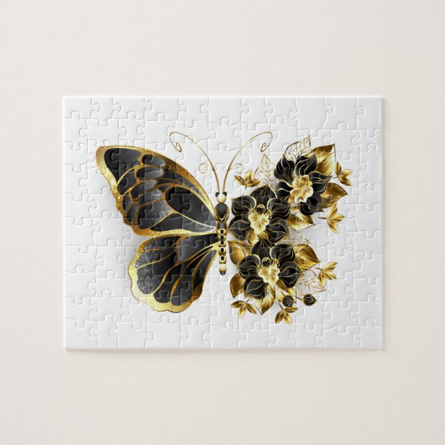 Puzzle Gold flower Butterfly with Black Orchid (Horizontal)
