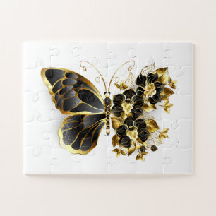Puzzle Gold Flower Butterfly with Black Orchid