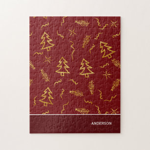 Puzzle Gold Foil Christmas Tree Pattern Red Holiday