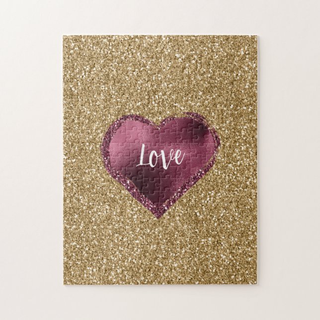 Puzzle Gold Glitter Burgundy Red Heart Love (Vertical)