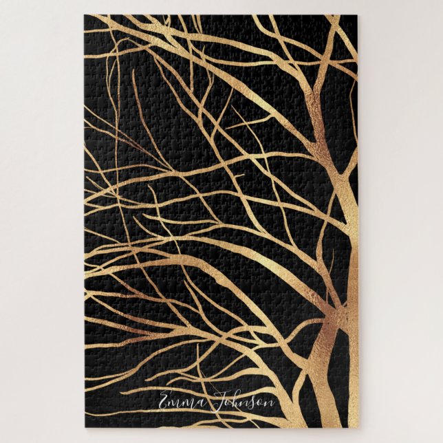 Puzzle Gold Tree Silhouette Minimum Black Design (Vertical)