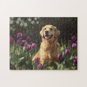 Puzzle Golden Retriever avec tulipe violette