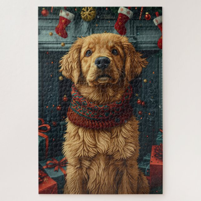 Puzzle Golden Retriever Chien avec cheminée cadeau de Noë (Vertical)