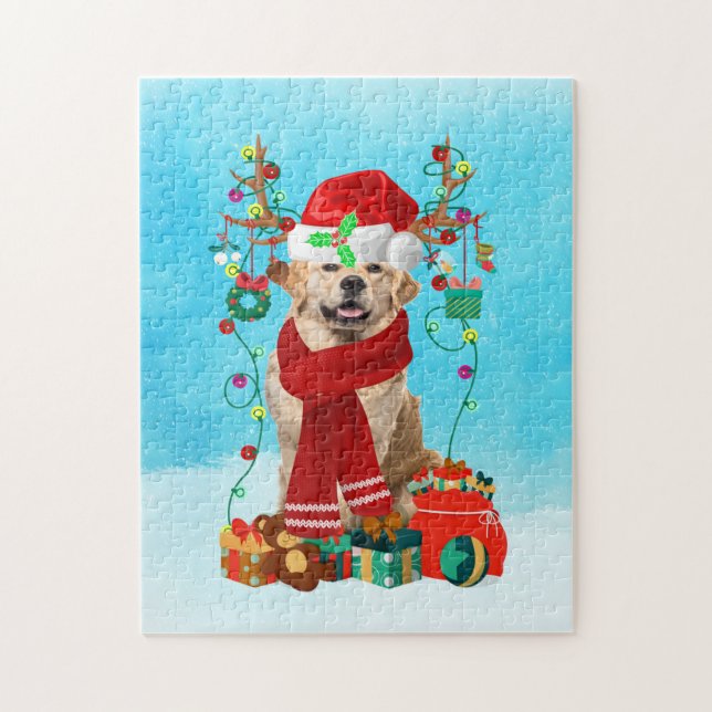 Puzzle Golden Retriever dans la neige avec cadeaux de Noë (Vertical)