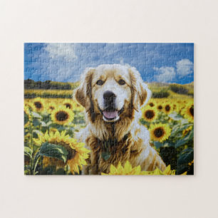 Puzzle Golden Retriever dans un champ de tournesol