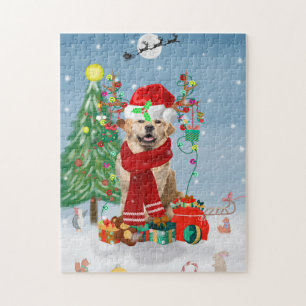 Puzzle Golden Retriever Dog en neige avec cadeaux de Noël