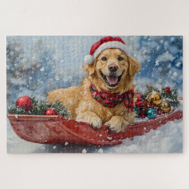 Puzzle Golden Retriever Dog in Sledge neige Noël (Horizontal)