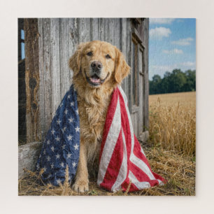 Puzzle Golden Retriever drapé dans un drapeau américain