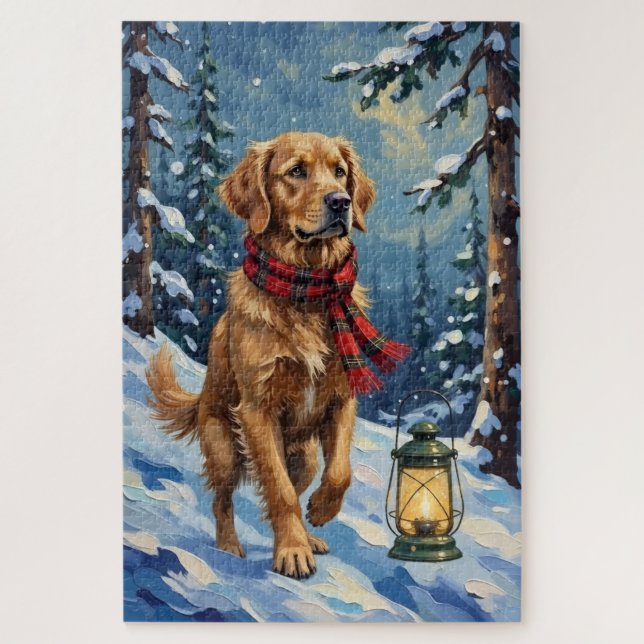 Puzzle Golden Retriever Guiding Light in Snowy Forest (Vertical)