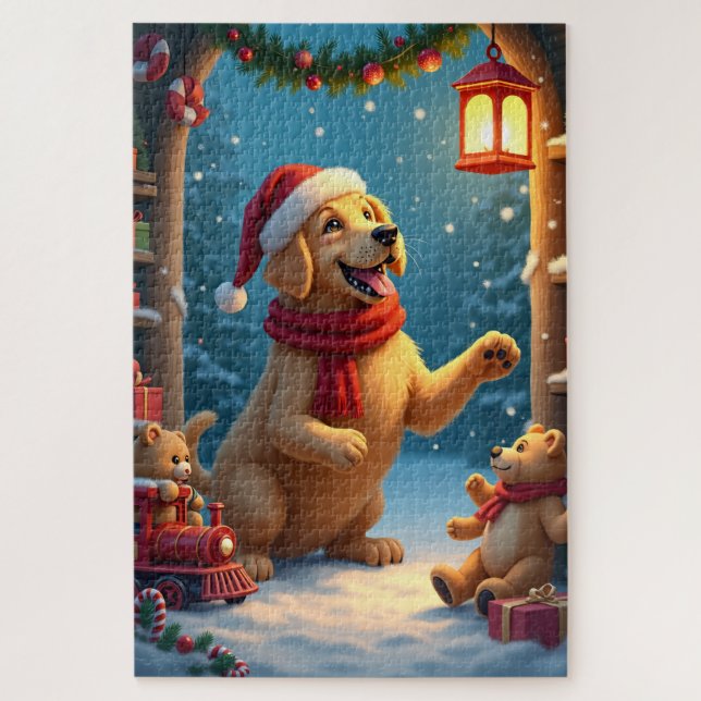 Puzzle Golden Retriever in Santa’s Workshop Christmas (Vertical)
