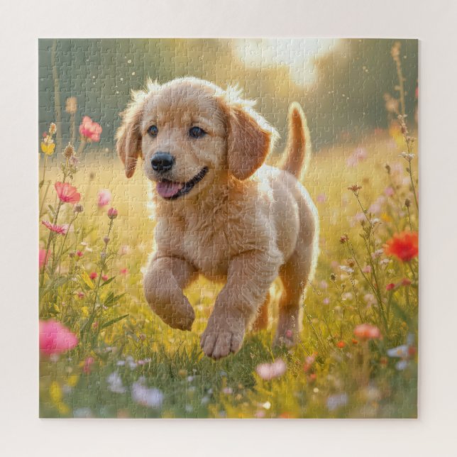 Puzzle Golden Retriever Puppy Running In a Meadow (Vertical)