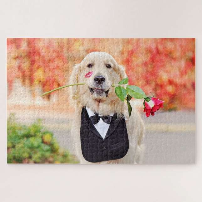 Puzzle Golden Retriever Red Rose Log Chien Nature Animal (Horizontal)