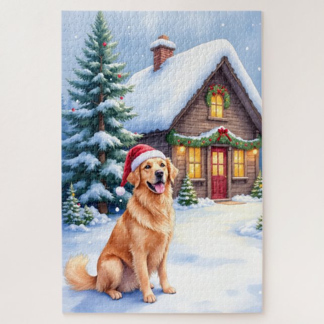 Puzzle Golden Retriever Rustic Cabin Santa Hat Christmas (Vertical)