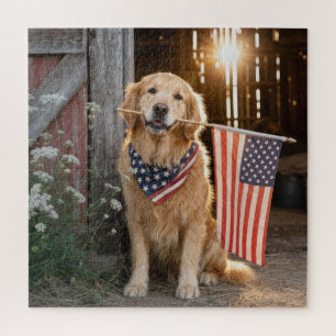 Puzzle Golden Retriever tenant un drapeau américain