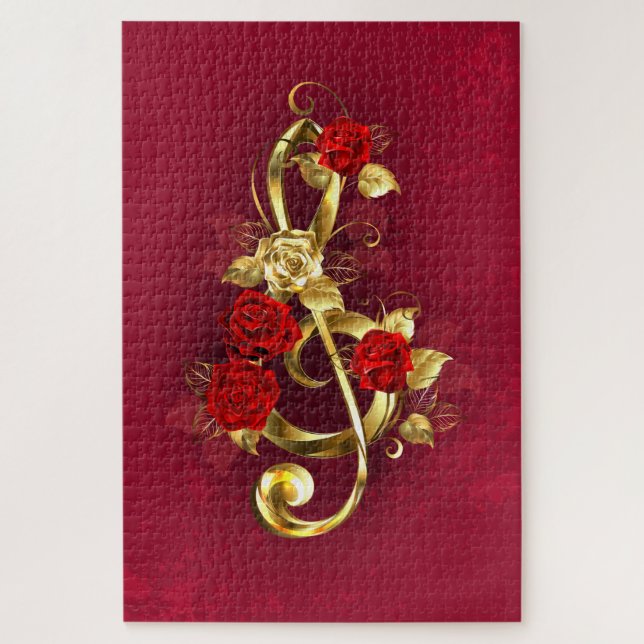 Puzzle Golden Treble Clef avec fleurs Roses (Vertical)