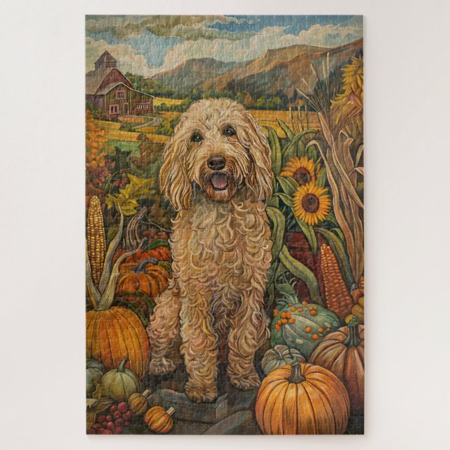 Puzzle Goldendoodle Chien Moisson d'automne Thanksgiving (Vertical)