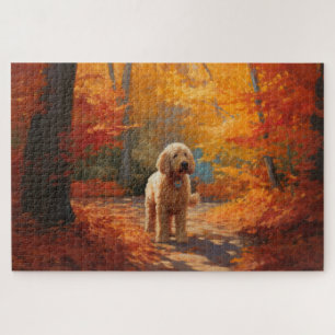 Puzzle Goldendoodle dans les feuilles d'automne qui tombe