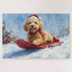 Puzzle Goldendoodle Dog in Sledge Let it neige Christmas
