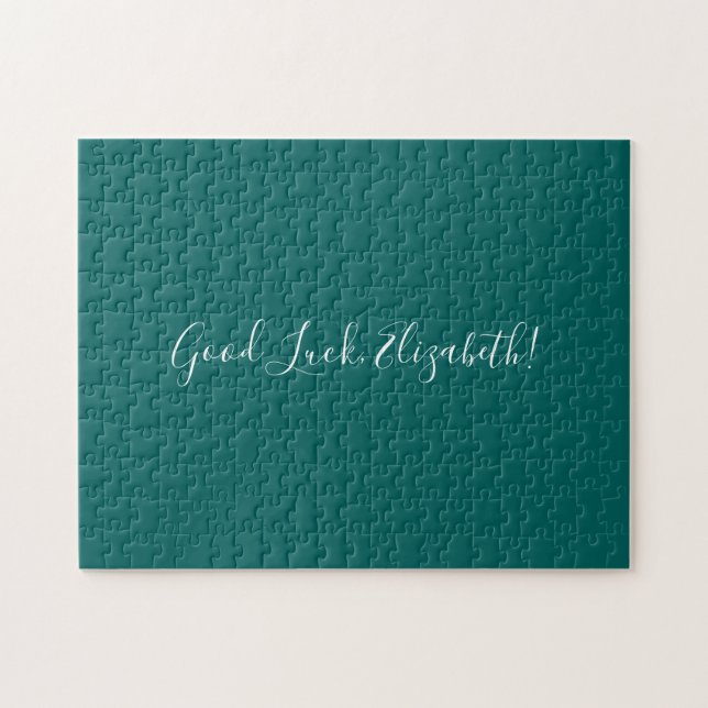 Puzzle Good Luck Custom Name Script on Solid Turquoise Fu (Horizontal)