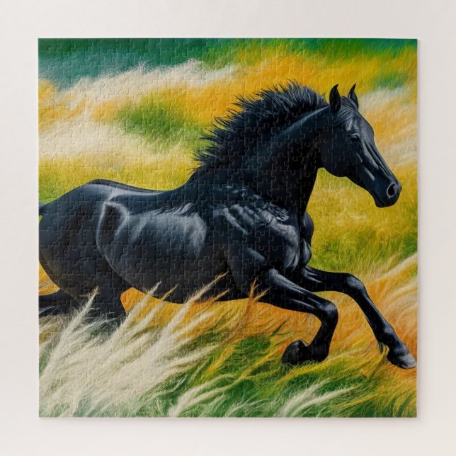 Puzzle Graceful Black Horse Galloping dans le champ animé (Vertical)
