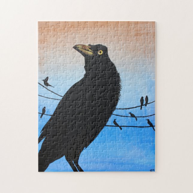 Puzzle Grackle Austin Texas Black Bird Wildlife Painting (Vertical)