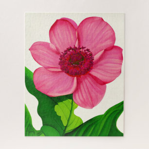 Puzzle Grand anémone rose avec Feuilles vert émeraude