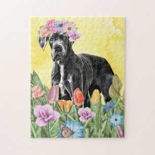 Puzzle Grand Chien Danois avec Fleurs Printemps