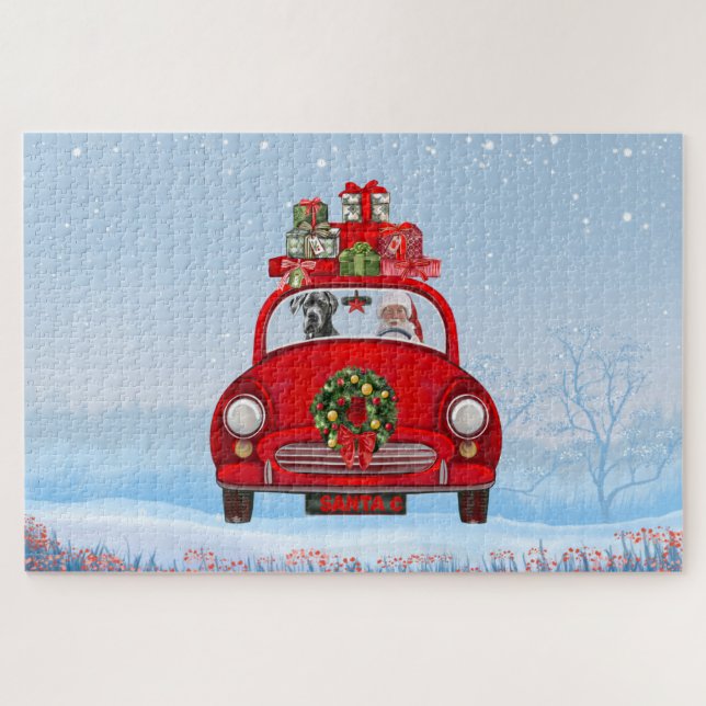 Puzzle Grand Chien Danois En Voiture Avec Le Père Noël (Horizontal)