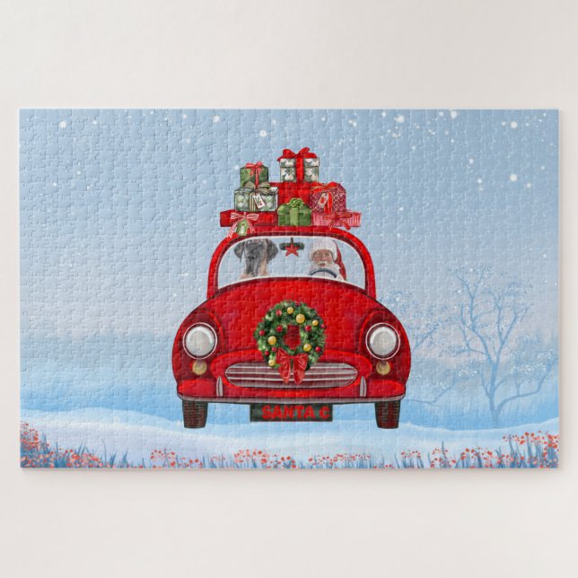 Puzzle Grand Chien Danois En Voiture Avec Le Père Noël (Horizontal)