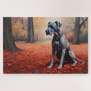 Puzzle Grand Danois dans les feuilles d'automne qui tombe