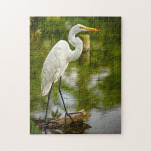 Puzzle Grand Héron blanc sur une photo d'animal en rondin