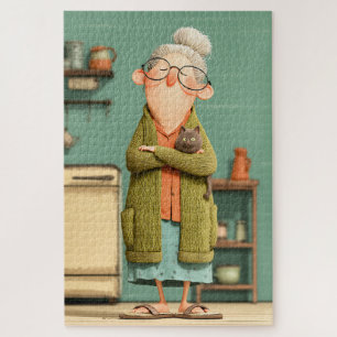 Puzzle Grand-mère charmante et son chat