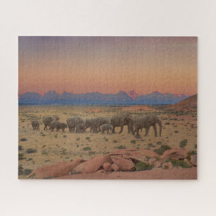 Puzzle Grand troupeau d'éléphants Coucher de soleil Natur