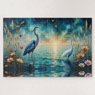 Puzzle Grande Héron bleu & fleurs d'aigrette dans l'eau