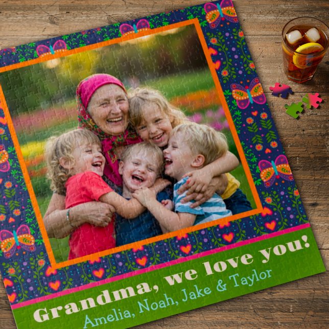 Puzzle Grandma Photo Joli Folk Fleurs Papillon Personnali (Créateur téléchargé)
