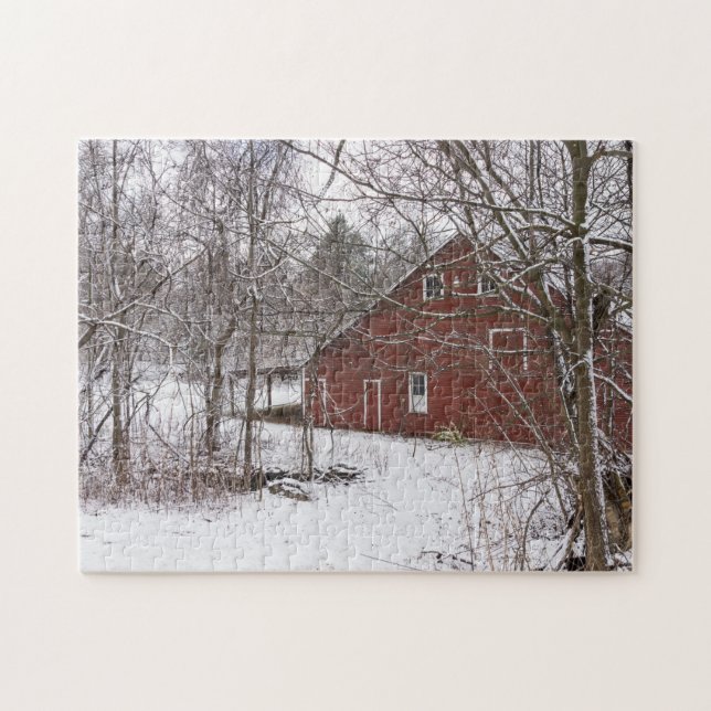 Puzzle Grange Rouge Dans La Neige (Horizontal)