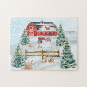 Puzzle Grange rouge, Tracteur rouge, Neige, Pins Arbres A