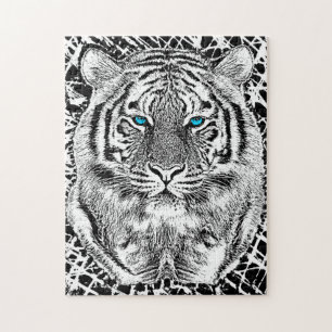 Puzzle Graphique noir et blanc de tigre d'yeux bleus