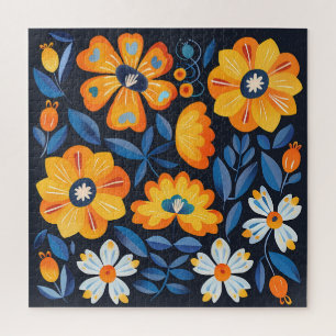 Puzzle Gras Retro Floral Illustration en orange et bleu