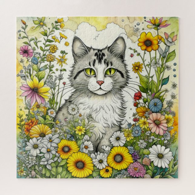 Puzzle Gray Kitty Chat assis en Fleurs (Horizontal)