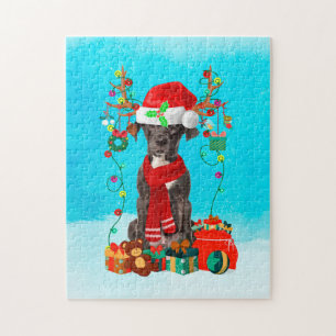 Puzzle Great Dane dans la neige avec cadeaux de Noël