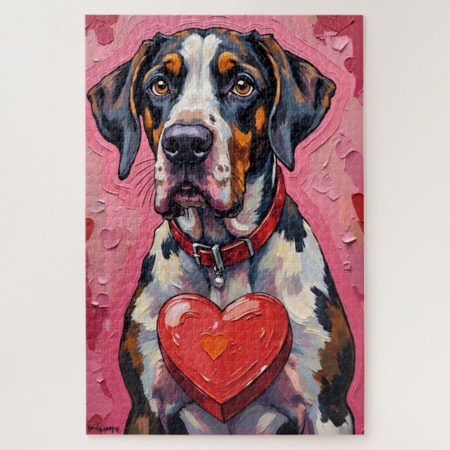 Puzzle Great Dane Hiding Behind Valentine Candy Box (Vertical)