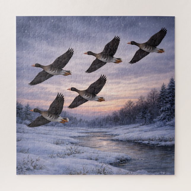 Puzzle Greater White-fronted Geese at Winter Sunset (Vertical)
