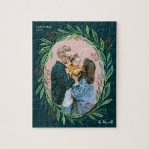 Puzzle Green Illustrated Leaf Wreath Photo Frame Holiday