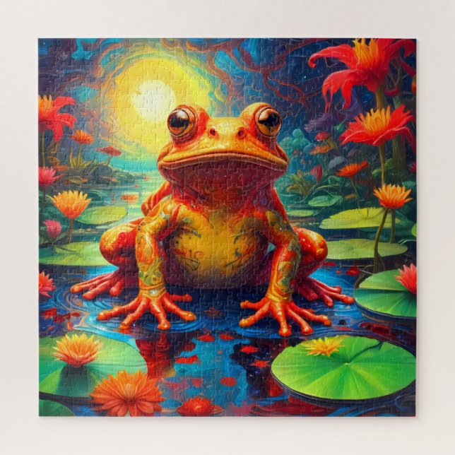Puzzle Grenouille amusante assise sur un tapis de Lily (Vertical)