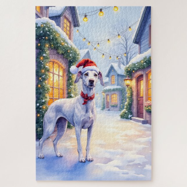 Puzzle Greyhound Snowy Village Santa Hat Christmas Art (Vertical)