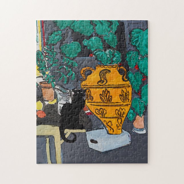 Puzzle Gros Vase de Fleurs Chat noir (Vertical)